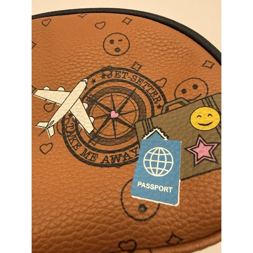 Travel Makeup Bag Brown Faux Leather Emoji Airplane Passport Pouch